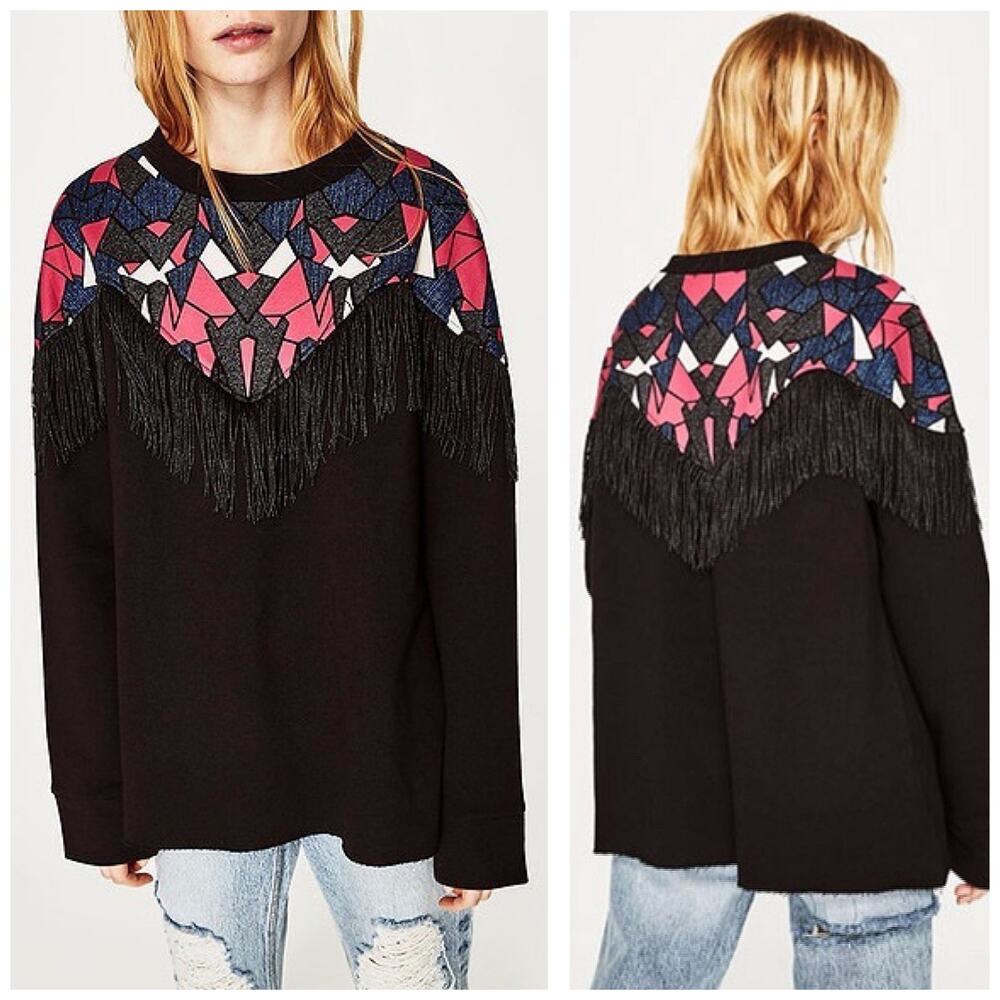NWT Zara Black Fringed Sweatshirt Size Small Metallic 80s Western Boho